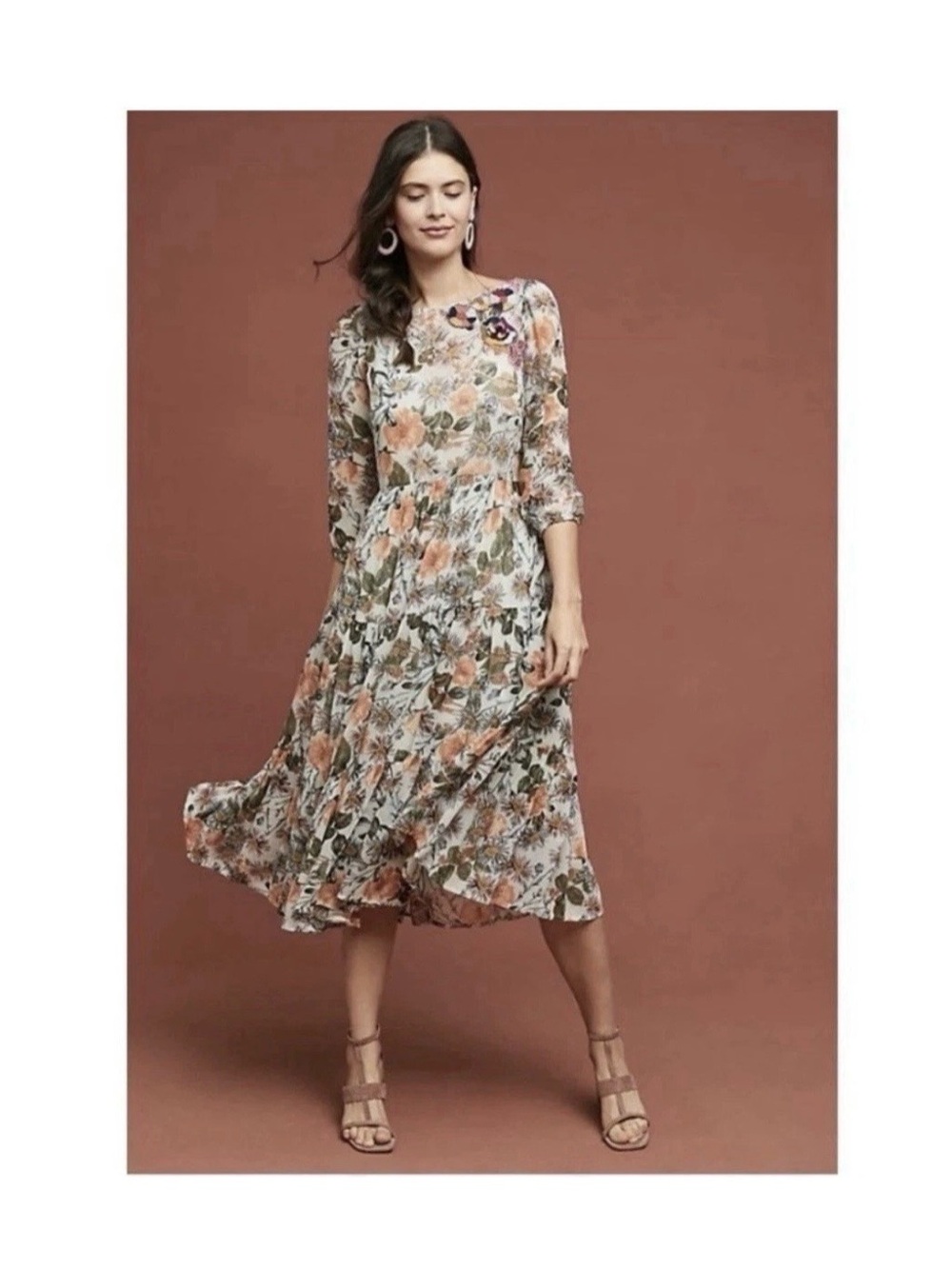 Meadow Rue Anthropologie Espalier Embroidered Tunic Chiffon Dress Floral Sz S